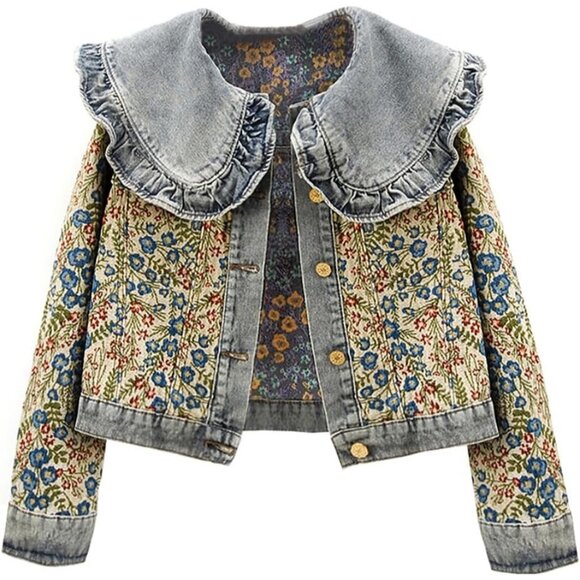 Jackets & Blazers - Women’s Sweet Peter Pan Collar S-2XL Long Sleeve Jacquard Denim Jacket Blue